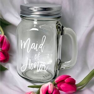NWT Wool + Pepper Co. MAID OF HONOR Glass Mason Jar Cup with Handle & Lid